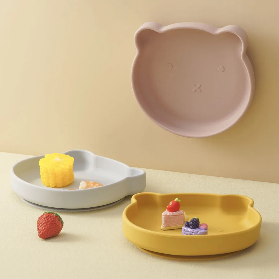 1Pcs Safe Silicone Dining Plate Suction Cartoon Bear Baby Dishes Plate Toddler Training Tableware Retro Kids Feeding Bowl