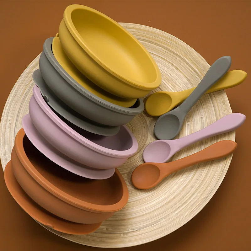 Food Grade Kids Dining Tableware Feeding Set Baby Training Sucker Bowl Soft Silicone Spoon Fork Set For Toddler Dishes