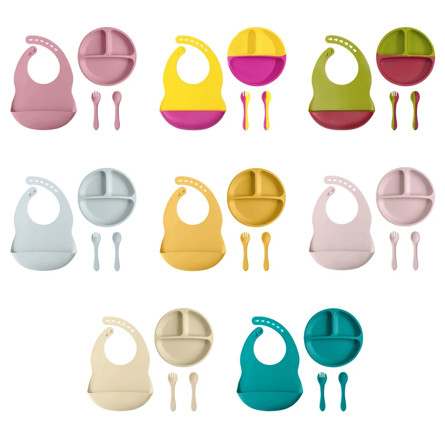 4PCS Baby Silicone Tableware Sets Contrasting Colors Dining Sets Suction Plate Waterproof Bib Portable Baby Spoon Fork