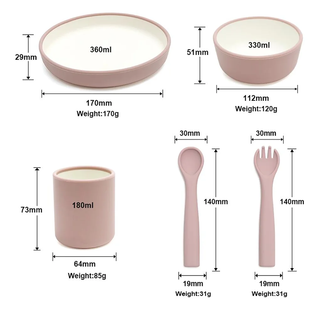 Modern Scandinavian Style 5-Piece Baby Feeding Set, Minimalist Two-Tone Silicone Bowls &amp; Plates, No-Suction Feeding Set Design