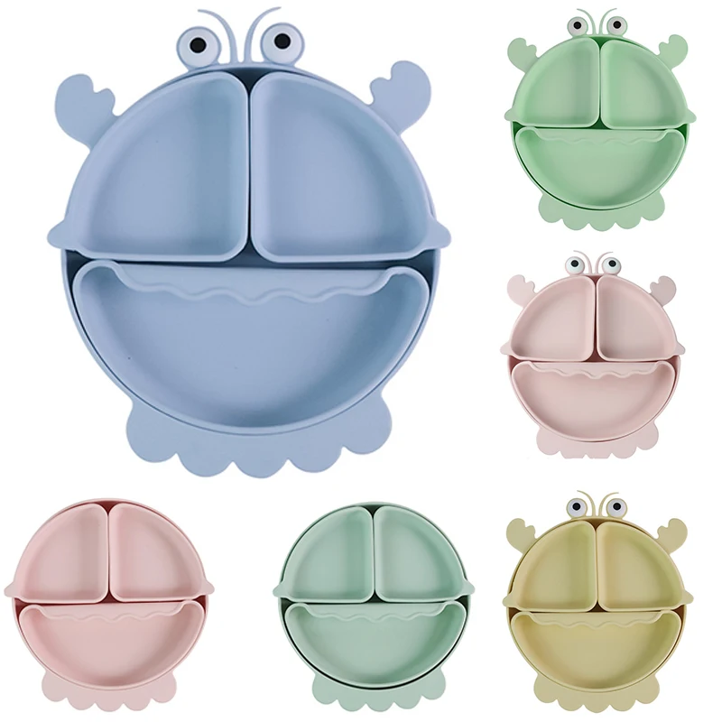 Baby Safe Silicone Dining Plate Suction Cartoon Children Dishes Feeding Toddler Training Tableware Kids Cartoon Crab 3-Grid Tray